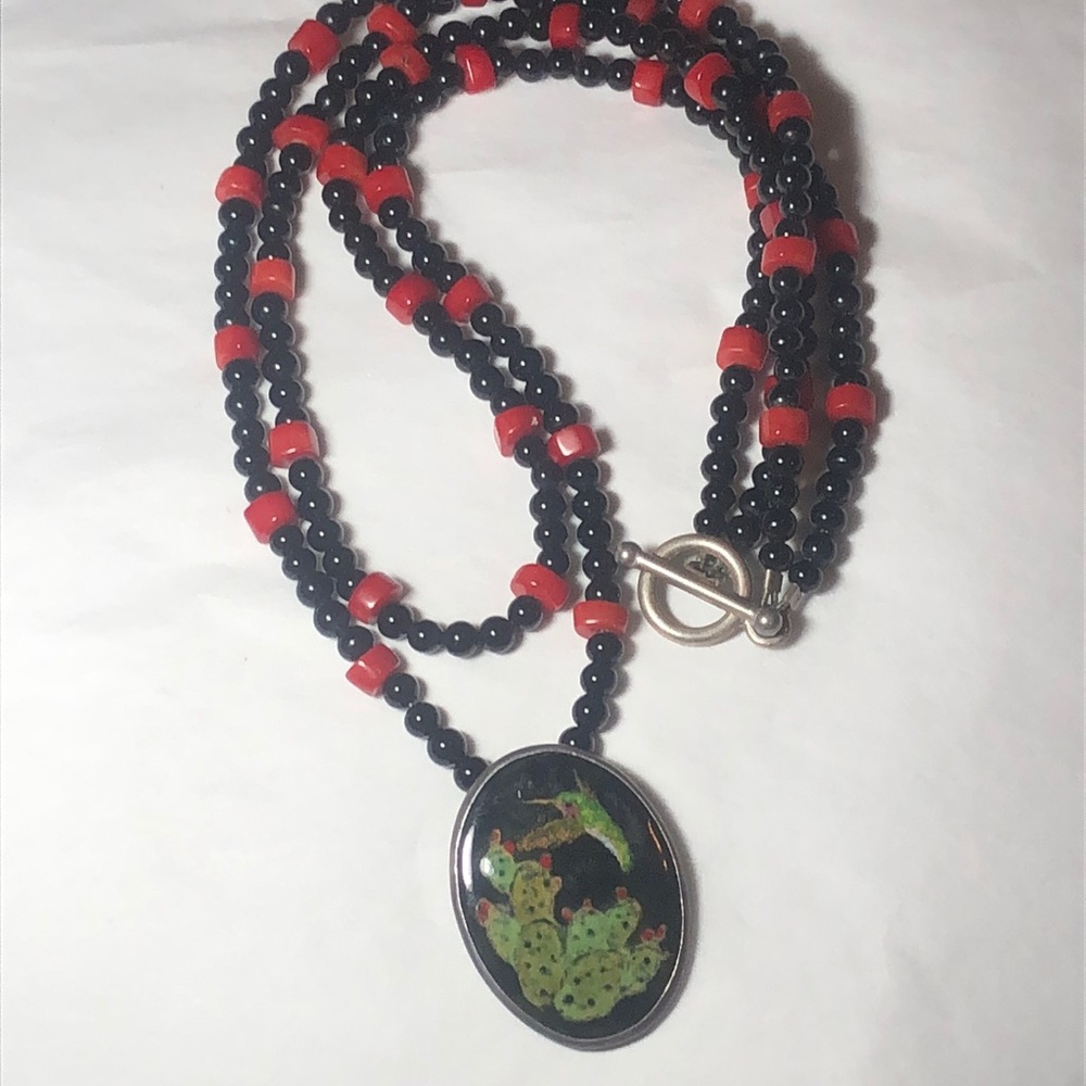 Southwestern Sterling Enamel, Coral, Onyx Necklace